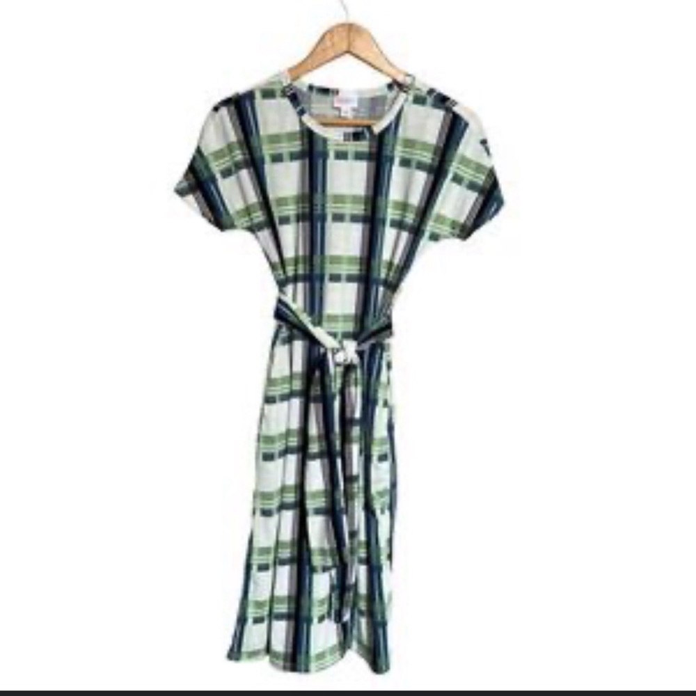 Lularoe Marly Dress & Belt XS Stretchy NWT Navy Green White Plaid